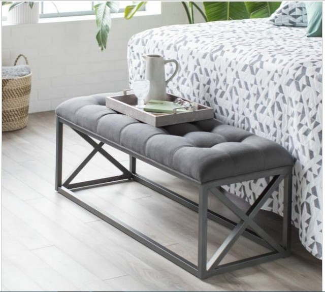 Gray Tufted Bedroom Bench Entryway Fabric Metal Base Seat Modern Hall Foyer New