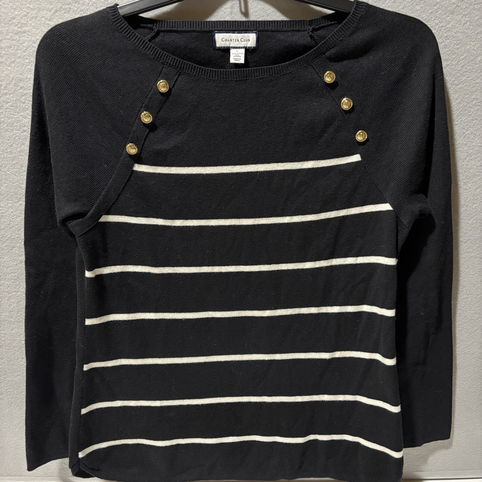 CHARTER CLUB Women's Large L/S Black stripe pullover knit round neck top 36