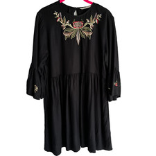 ZARA Basic Collection Black Floral Embroidered Flared Sleeve Boho Ladies Dress,L