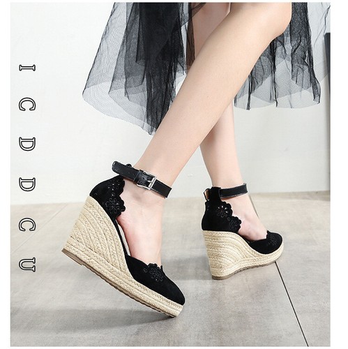 Alpargata De colección Cuñas Tacón Correa al tobillo D'orsay Gamuza Negro Beige Zapatos para Mujer - Imagen 19 de 32