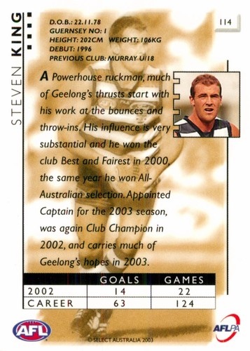Signed 2003 Geelong Cats AFL Select XL Card - Steven King - Bild 2 von 3