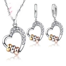 925 Sterling Silver Sweet Heart Earrings Necklace Set Crystal Stud Women Jewelry