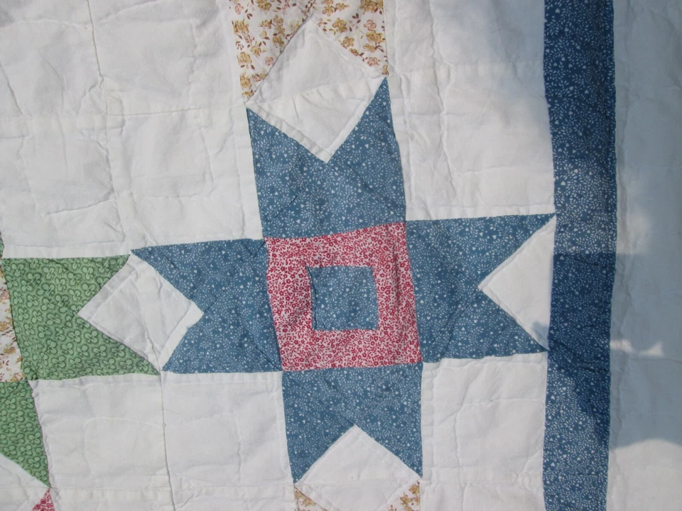 VINTAGE PATCHWORK MORAVIAN STAR QUILT BLOCK BED SUMMER COTTON SAW TOOTH BORDER - Image 4 of 4