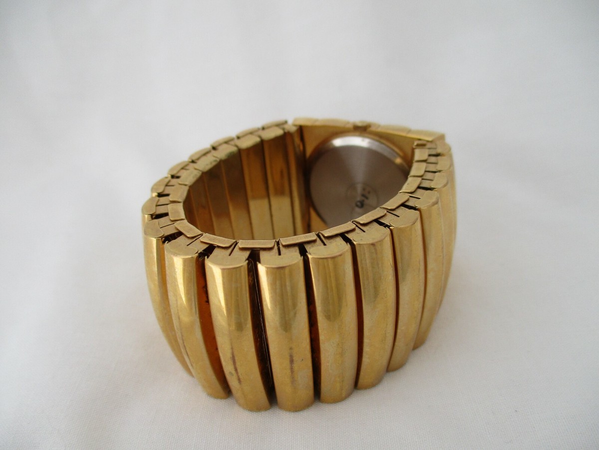 Jacque Ciara Vintage Gold Tone Ribbed Cuff Watch Blue Marble Dial Bracelet Glam Vintage Jacques Kreisler Gold Filled Flower and Scroll Cuff  main image 4