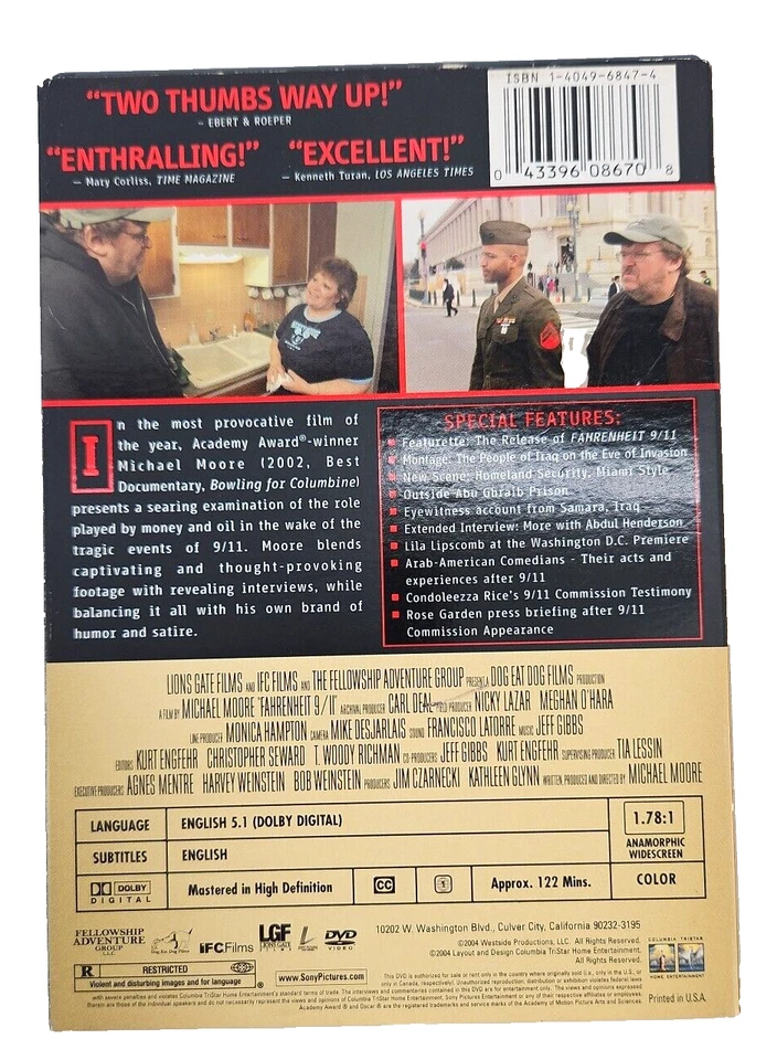 Fahrenheit 9/11 DVD Video Movie Michael Moore Rated R Foto 4 de 4