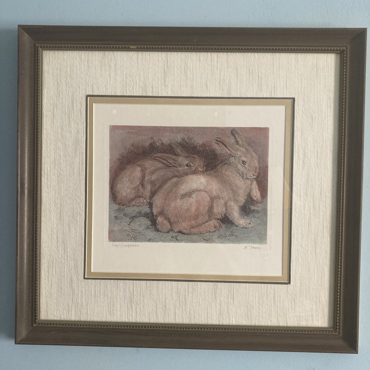 Cozy Companion Rabbits, Glass Framed Print, Signed H.Dren