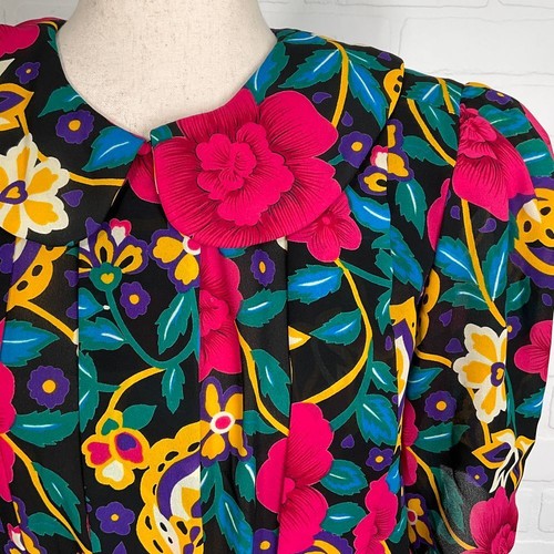 MS Chaus Dress Women 8 Black Pink Floral Jamaican Colorful Pleat Party VTG - Picture 2 of 12