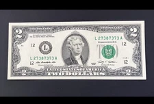 ERROR $2 DLL BILL - REPEATER  SERIAL #: X73X7373, FRB 12, SERIES 2009, CIRC.