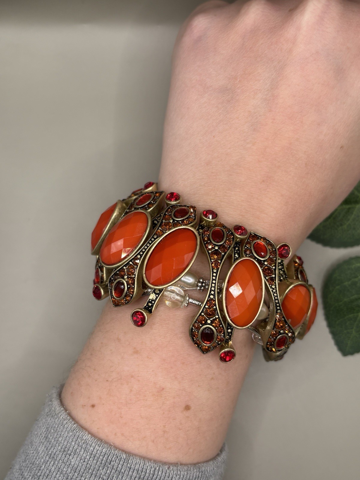 Bold Orange & Red Rhinestone Statement Stretch Br… - image 2