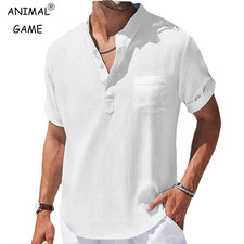 Men's Casual Stand Up Collar Summer Solid Color Short Sleeve Linen Shirt Trendy