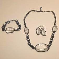 Silver Tone Clear Crystal Set Necklace Bracelet Earrings Handmade