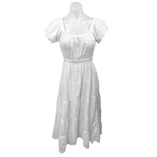 Mango MNG White Puff Sleeve Embroidered Checkered Tiered Midi A-Line Dress Sz 6