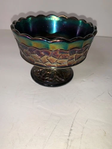 vintage Cobalt Blue Dugan Carnival Glass Maple Leaf pedestal bowl Read