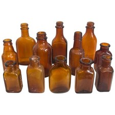 Antique Lot 12 Amber Glass Apothecary Bottles Medicine Jars Small VTG Pre-1930