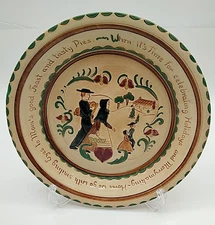 Pennsbury Pottery 9" Pie Plate Amish Folk Art Hand Painted Holidays Merrymaking