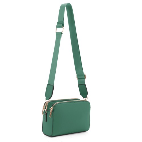 Triple Zip Small Crossbody Camera Bag with Wide Guitar Strap | Kelly Green