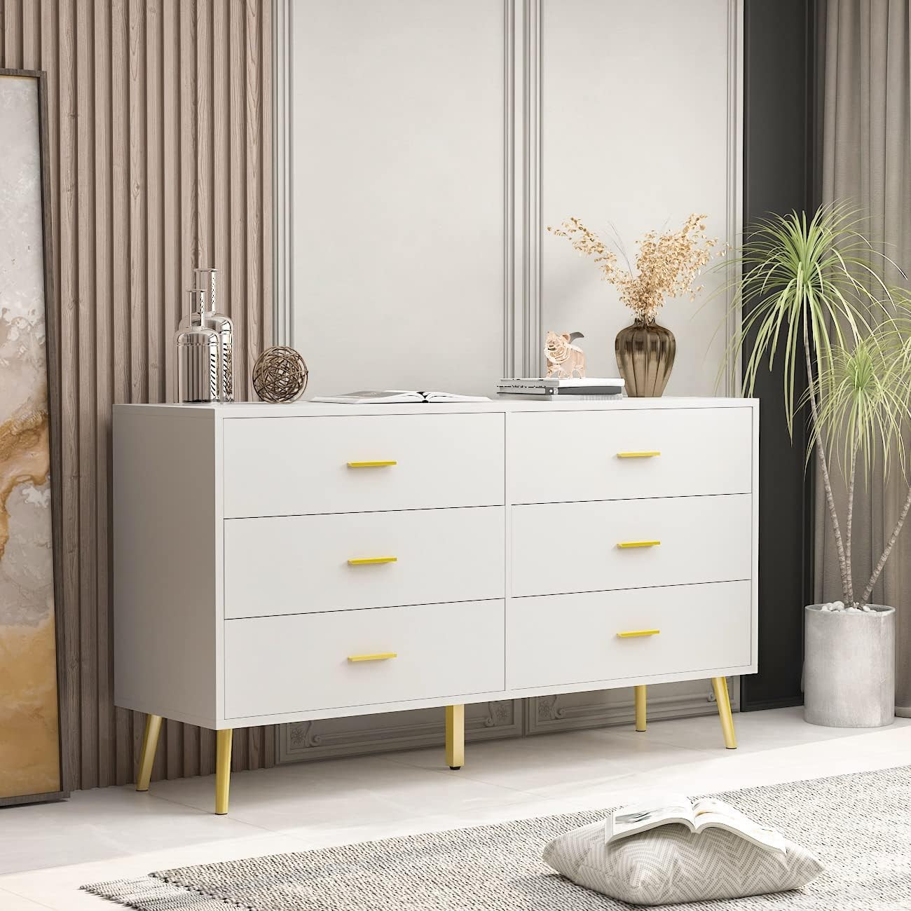 Modern White 6-Drawer Dresser with Metal Handles - Wooden Bedroom Storage