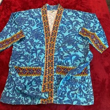 Vintage Hukilau Fashions Honolulu Blue Floral Kimono Robe Wrap Jacket Trimmed