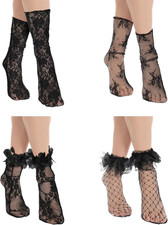 4 Pairs Lace Socks, Fishnet Socks Lace Ankle Sock Ruffle Sheer Mesh Flower Antiq