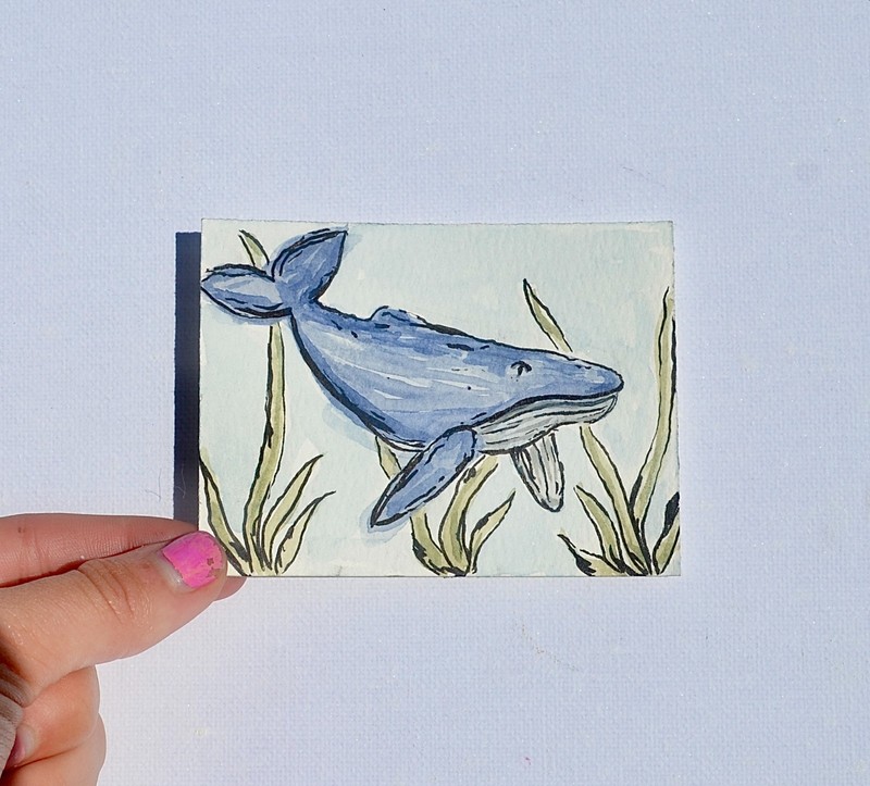 ACEO Original Art Card Mixed Media Whale In Weeds Painting Watercolor Paper OOAK