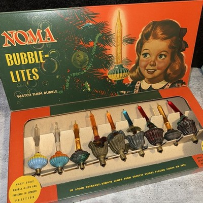 With Liquid BOX VTG Noma Bubble Lites Flying Saucer Bases  Rare Box Read !