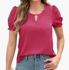 Chiffon Tshirt Damen Rose Rot Rundhals Bluse Kurzarm Puffärmel Gr.S