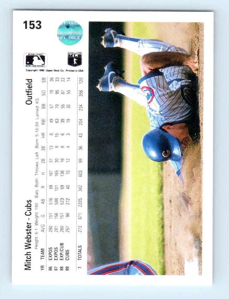1990 Upper Deck Mitch Webster Chicago Cubs #153 - Image 2 of 2