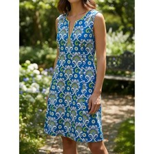 J. McLaughlin Catalina Cloth Shift Dress Blue Green Floral Crochet Trim XS