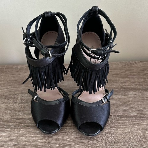 GIAMBATTISTA VALLI Leather Suede Fringe Ankle Strap Heels Sandals 6.5 Mobwife - Picture 15 of 15