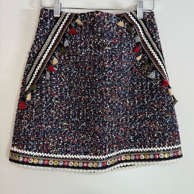 ZARA Woman Chic BOHO Multicolor Tweed Skirt with tassel accents size small