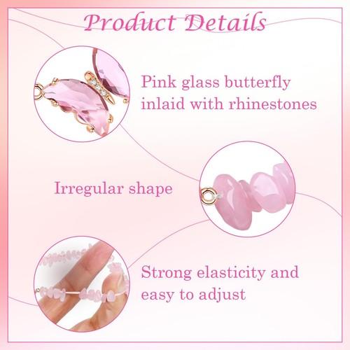 3Pcs Pink Butterfly Bracelets for Women Amethyst Crystal Beaded Bracelets Butter - Picture 3 of 7