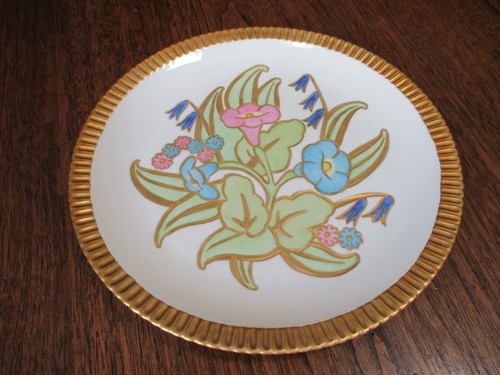 PIATTO 10" VINTAGE MOLTO RARO-FIRMATO SIRACUSA PORCELLANA PESANTE BORDO ORO "SHELLEDGE FLORAL" - Foto 1 di 12