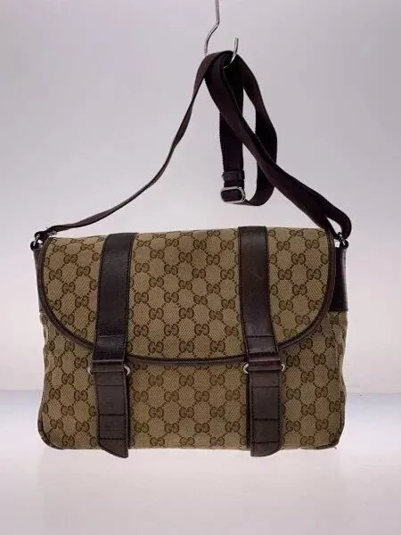 Sac bandoulière à rabat toile GUCCI GG marron beige authentique du Japon occasion