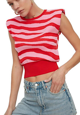Damen Kurzarm-Shirt Mit Strukturierten Schultern, Tigerprint Ärmellos S