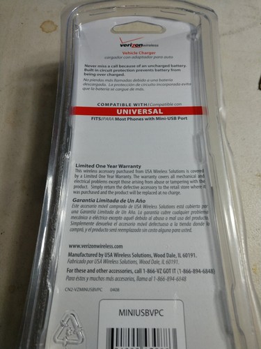 Verizon Universal Cell Phone Vehicle Car Charger with Mini-USB Port New in Box - Picture 5 of 6