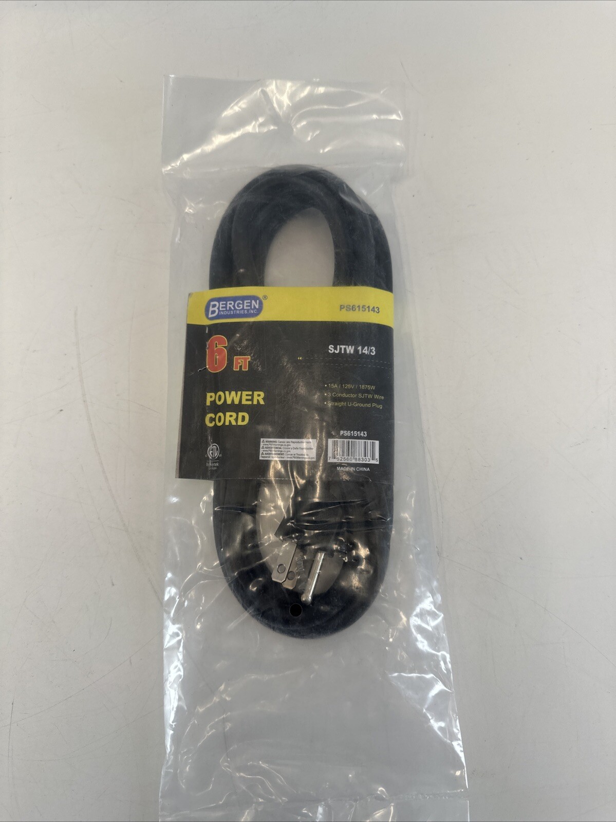 Bergen Industries Inc PS615143 3-Wire Appliance and Power Tool Cord 6 ft 14 A...