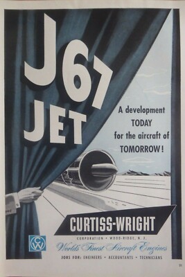 12/1953 PUB CURTISS-WRIGHT J67 JET FLUGZEUG MOTOR ORIGINAL ANZEIGE