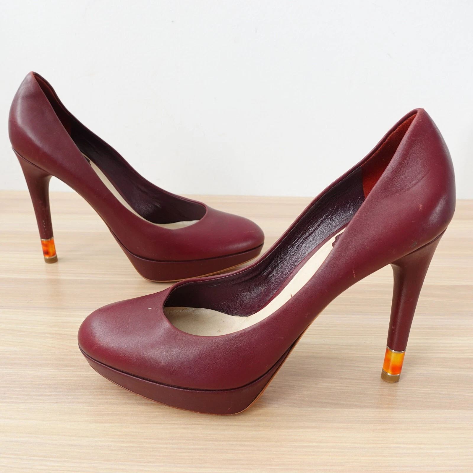 VINTAGE Christian Dior Chaussures Femme 38,5 7,5 Escarpins Cuir Bordeaux Talons Bakélite