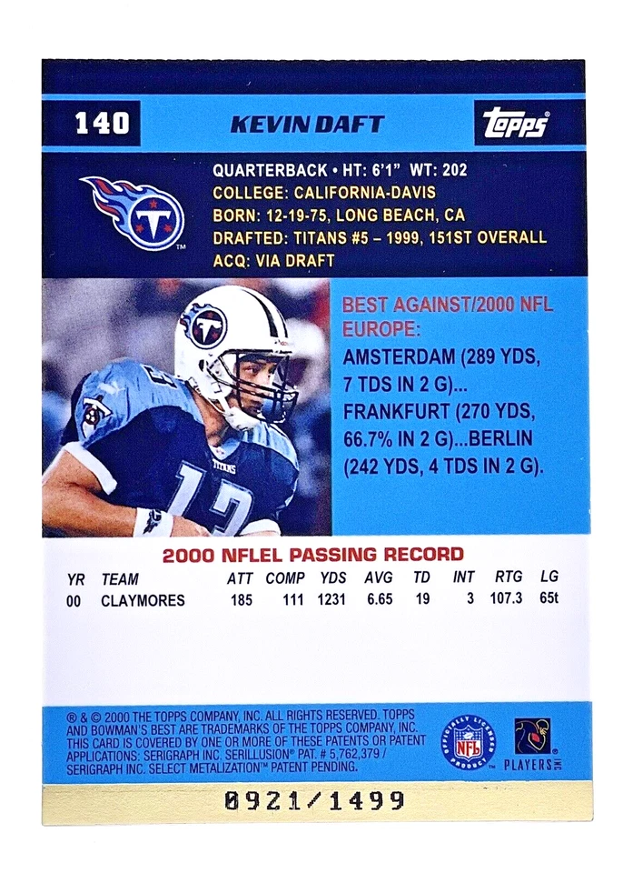 2000 Bowman's Best #140 Kevin Daft RC /1499 Tennesee Titans - Image 2 of 2