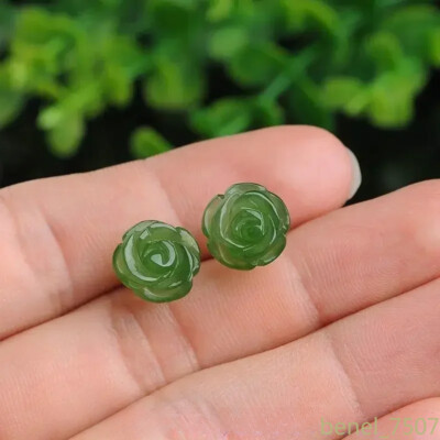 Natural Real Green Jade Rose Earrings Ear Studs Vintage Gemstone Jewelry Amulet