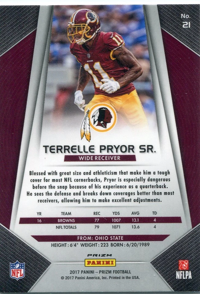 2017 PRIZMS RED WHITE BLUE TERRELLE PRYOR SR. WASHINGTON REDSKINS PRIZM - D117 - Image 2 of 2