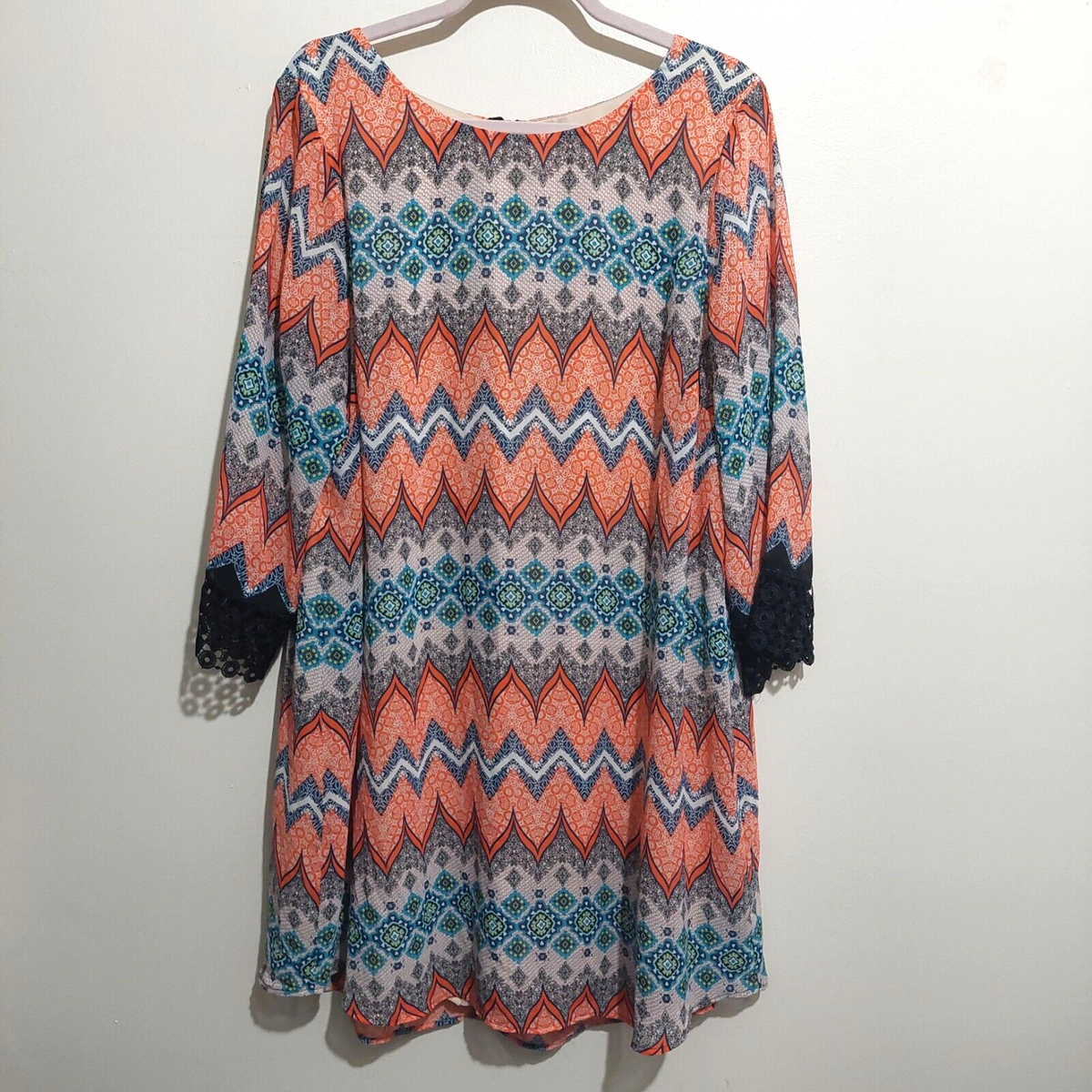 Speechless Womens 2X Shift Boho Dress Lined Long Lace Cuff Sleeves Back  Zipper | eBay