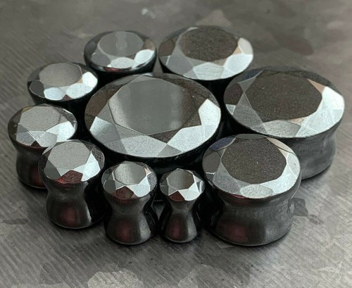 PAIR Faceted Hematite Stone Double Flare Plugs Gauges Body Jewelry - Picture 2 of 6