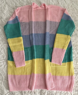Women’s Pastel Rainbow Stripes Super Soft Cardigan Sweater Pockets Medium  NEW