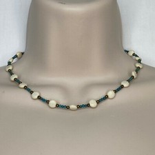 Handmade Choker Necklace White and Turquoise Dyed Magnesite Stone Beads Bronze