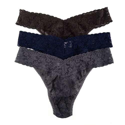 Hanky Panky Signature Lace Original Rise Thong One Size Brown Blue Gray 3 Pack