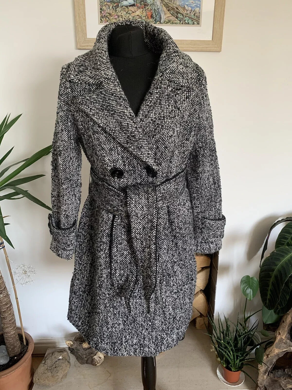 Zara Black & White Fleck Wool Belted Coat Jacket Size XL Long Overcoat