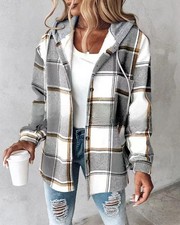 Ladies Women Check Casual Fleece Hooded Jacket Shacket Tops Shirt Coat Plus Size