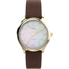 Timex Women's Watch Easy Reader White MOP Dial Brown Leather Strap TW2W157009J