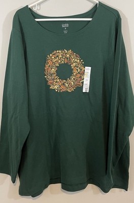 Croft & Barrow Fall Autumn Shirt Top Tee Women's 2X Bird Leaf Wreath